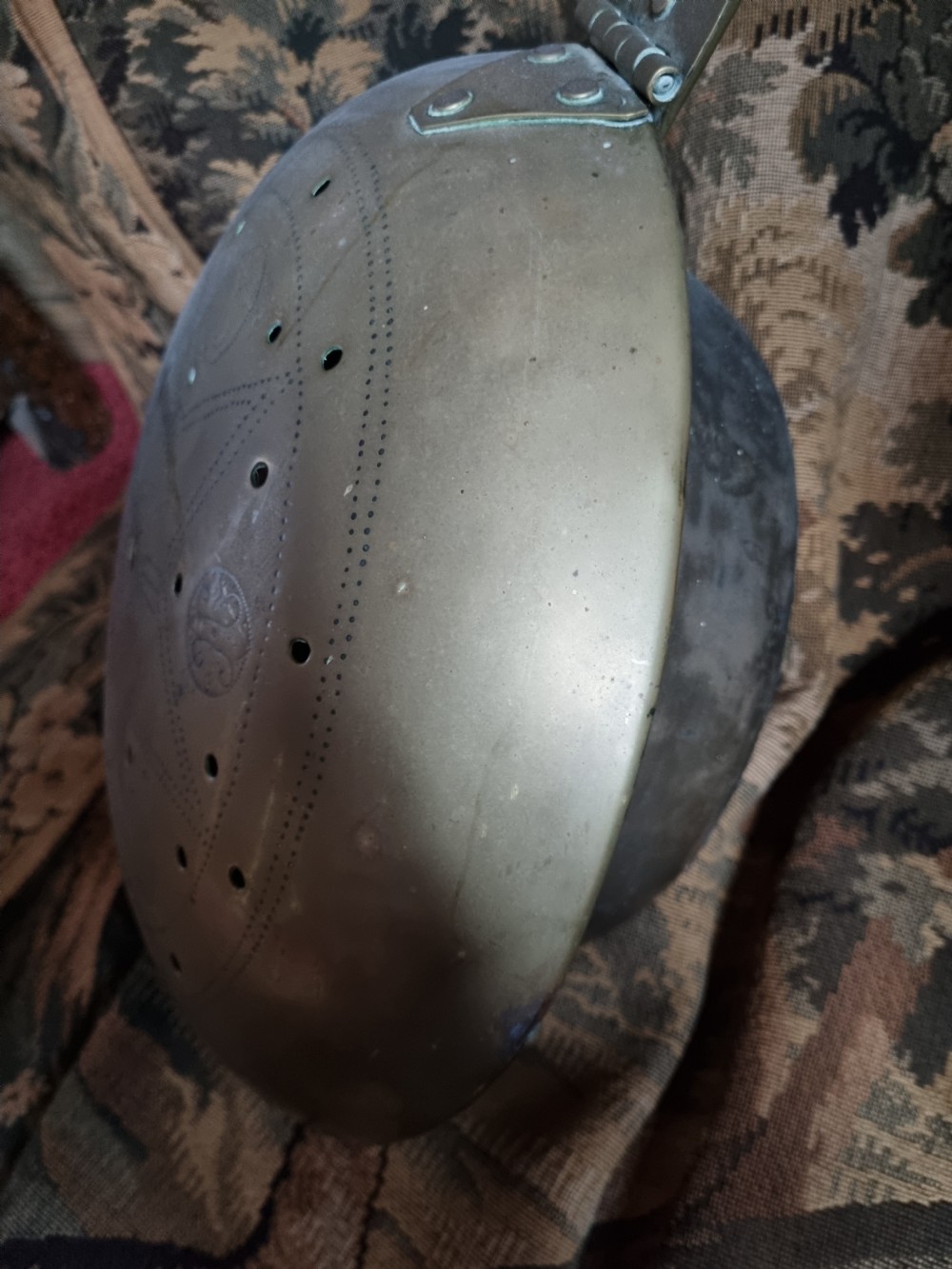 17THC BRASS HANDLED EMBOSSED OVAL WARMING PAN  View VIII