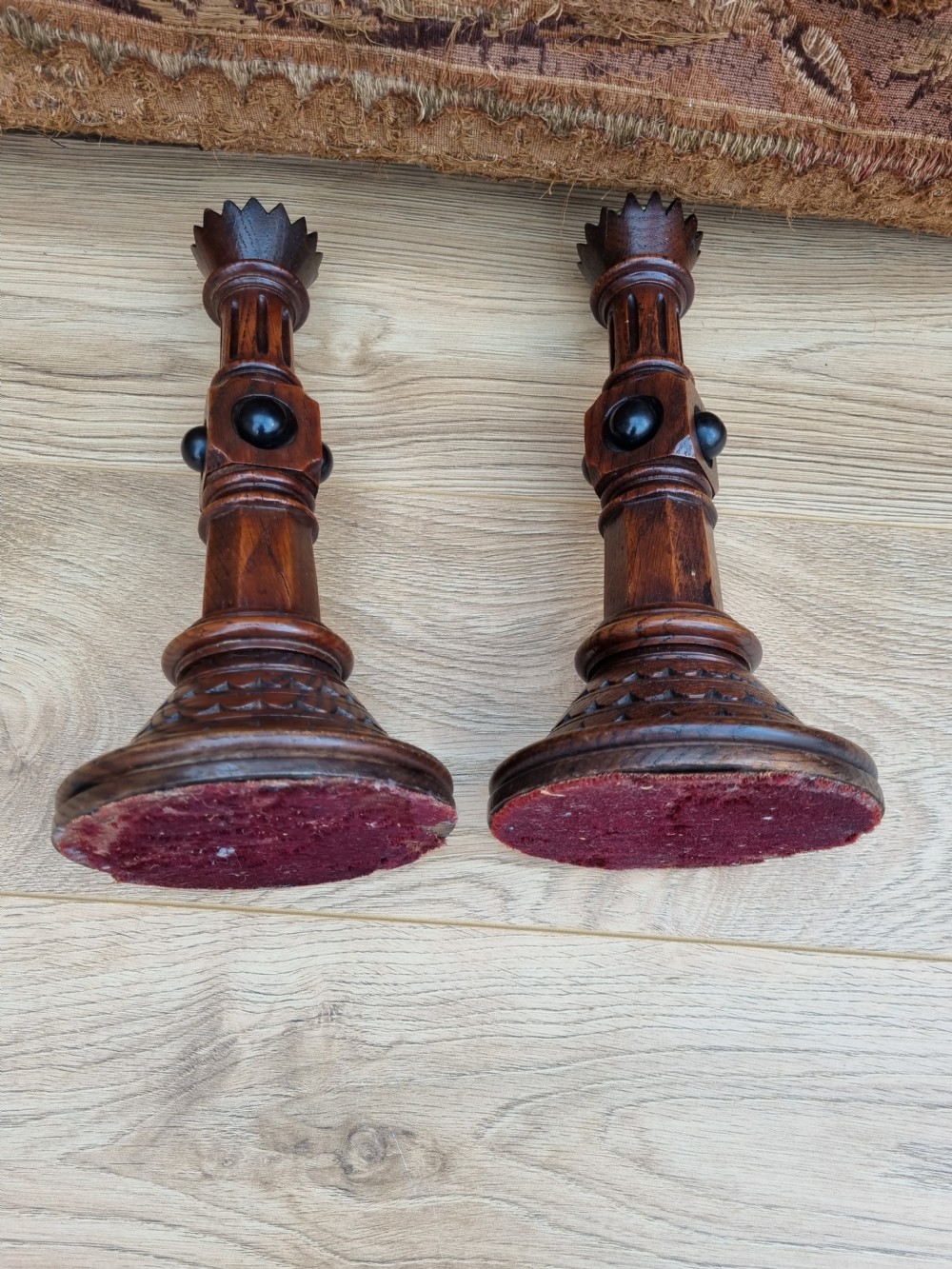 A PAIR OF OAK AND EBONIZED GOTHIC CANDLESTICKS BY A W PUGIN View V