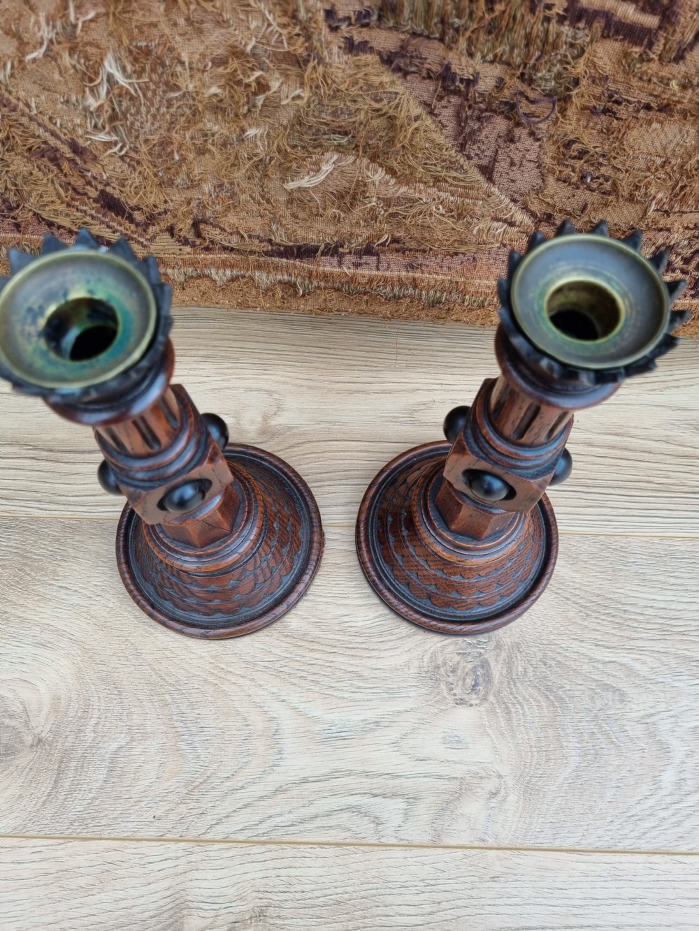 A PAIR OF OAK AND EBONIZED GOTHIC CANDLESTICKS BY A W PUGIN View VII