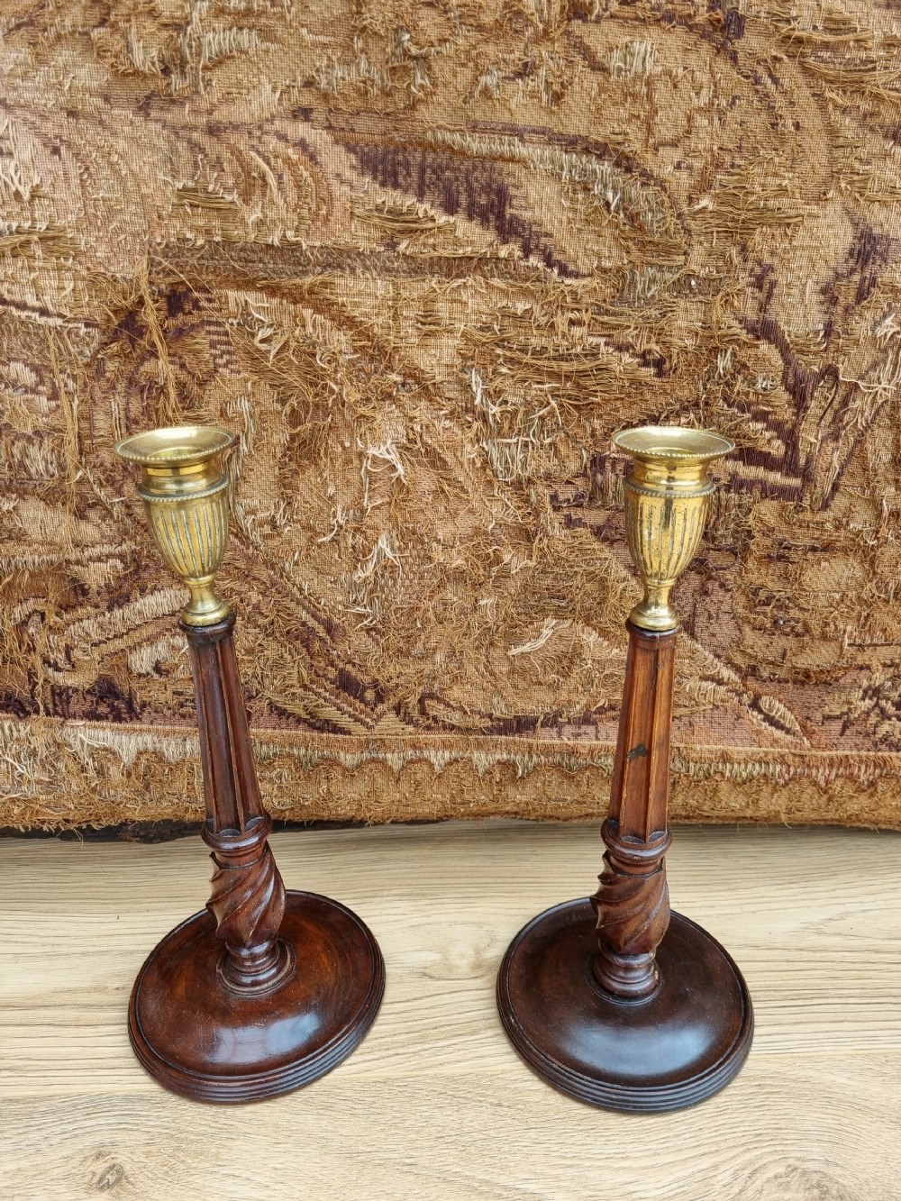 PR OF TALL  OLD  MAHOGANY AND GILDED BRASS FLUTED CANDLESTICKS