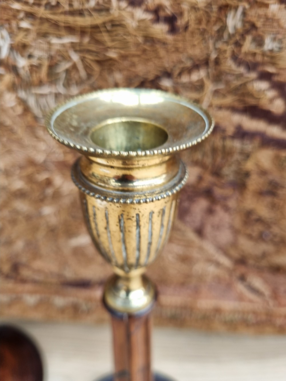 PR OF TALL  OLD  MAHOGANY AND GILDED BRASS FLUTED CANDLESTICKS View II