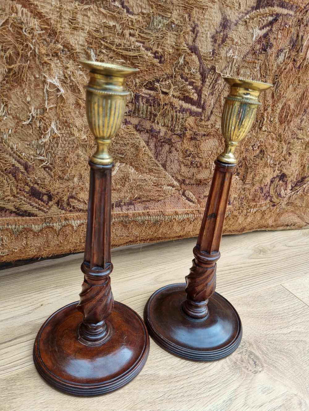 PR OF TALL  OLD  MAHOGANY AND GILDED BRASS FLUTED CANDLESTICKS View IV