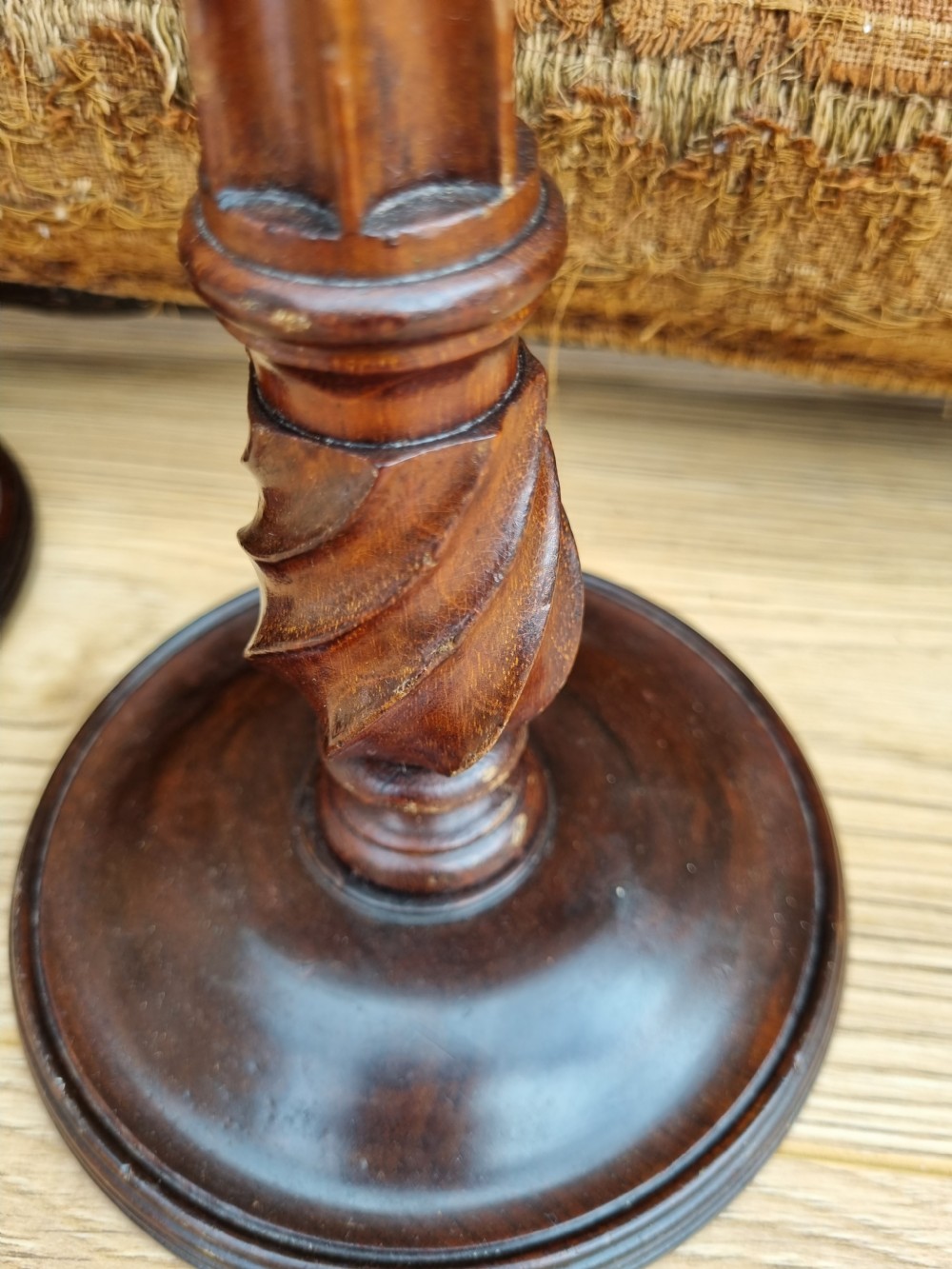 PR OF TALL  OLD  MAHOGANY AND GILDED BRASS FLUTED CANDLESTICKS View V