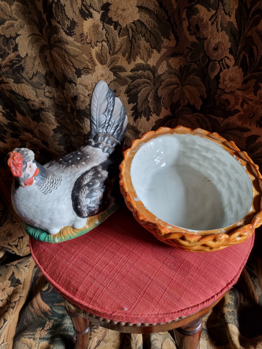LARGE ANTIQUE POTTERY HEN ON NEST 2 PART EGG CARRIER. View II