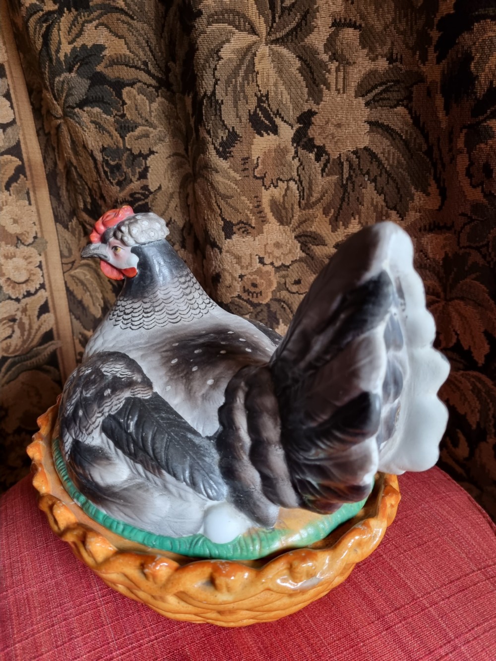 LARGE ANTIQUE POTTERY HEN ON NEST 2 PART EGG CARRIER. View V