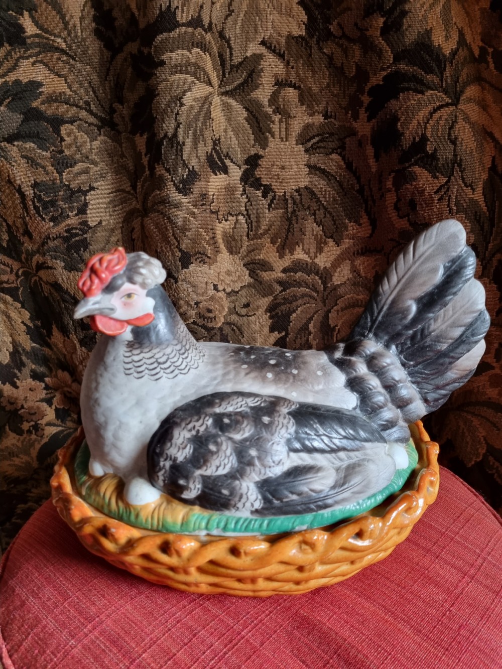 LARGE ANTIQUE POTTERY HEN ON NEST 2 PART EGG CARRIER. View VI