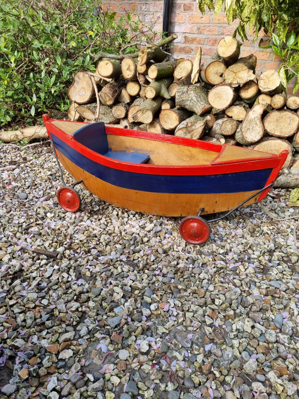 UNUSUAL ANTIQUE CHILDS SIT IN  PULL ALONG BOAT  View VI