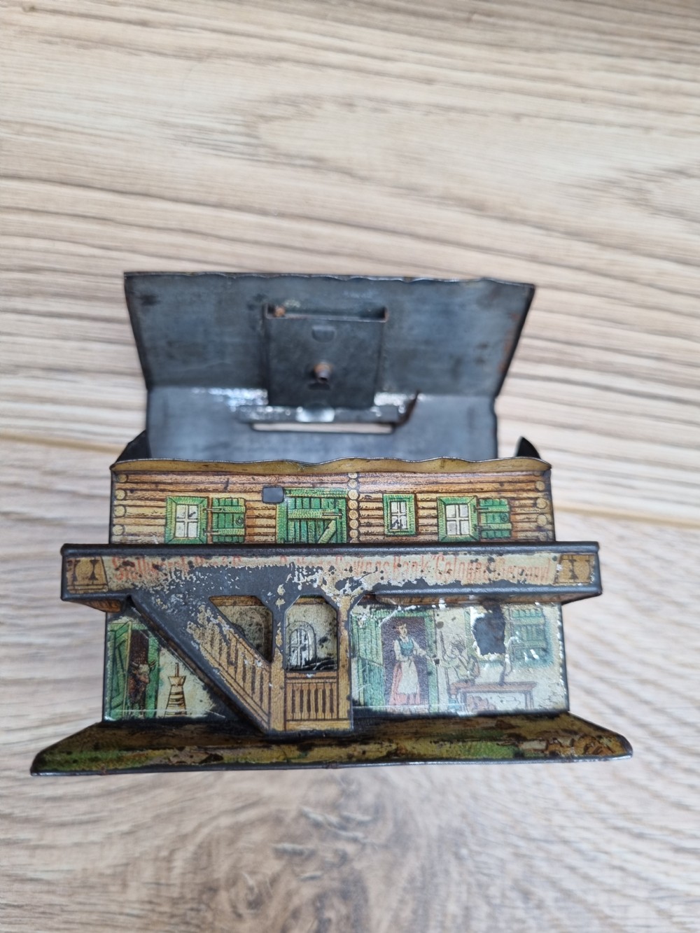GOOD ANTIQUE TINPLATE MONEY BOX AUSTRIAN COMPLETE View III