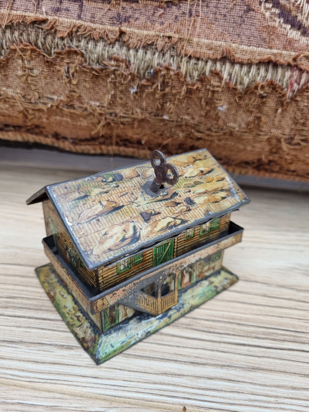GOOD ANTIQUE TINPLATE MONEY BOX AUSTRIAN COMPLETE View VII
