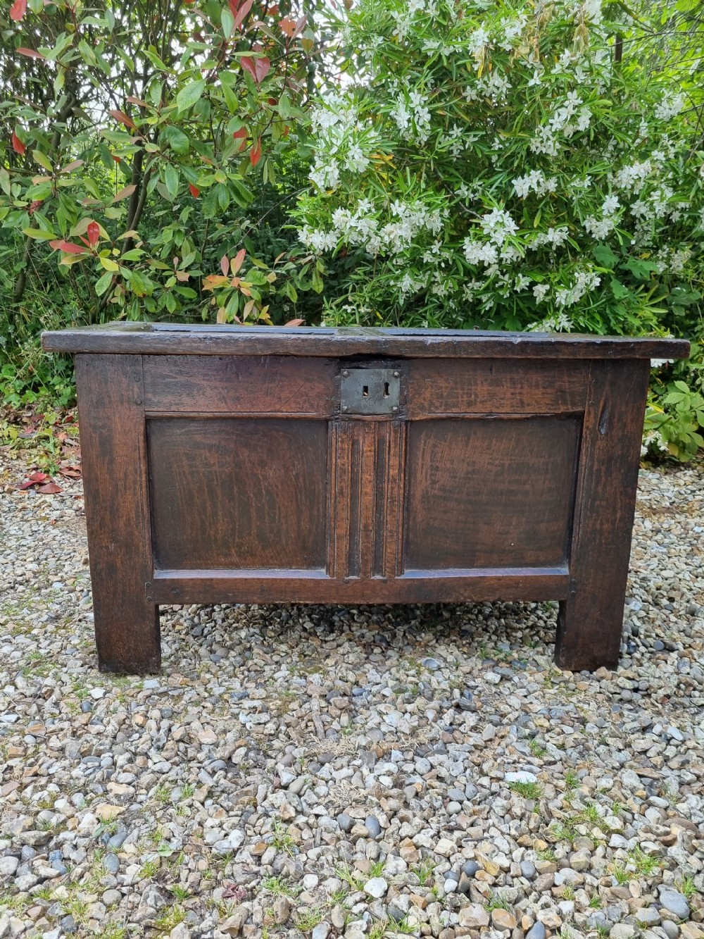A FINE SMALL MID 17THC OAK 2 PANELLED COFFER