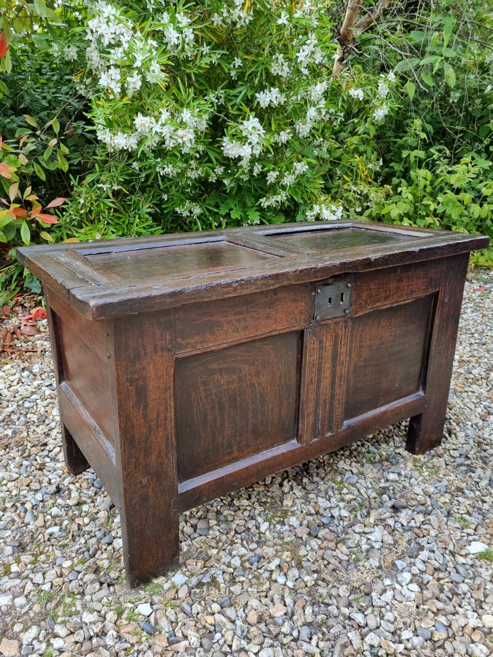 A FINE SMALL MID 17THC OAK 2 PANELLED COFFER View III