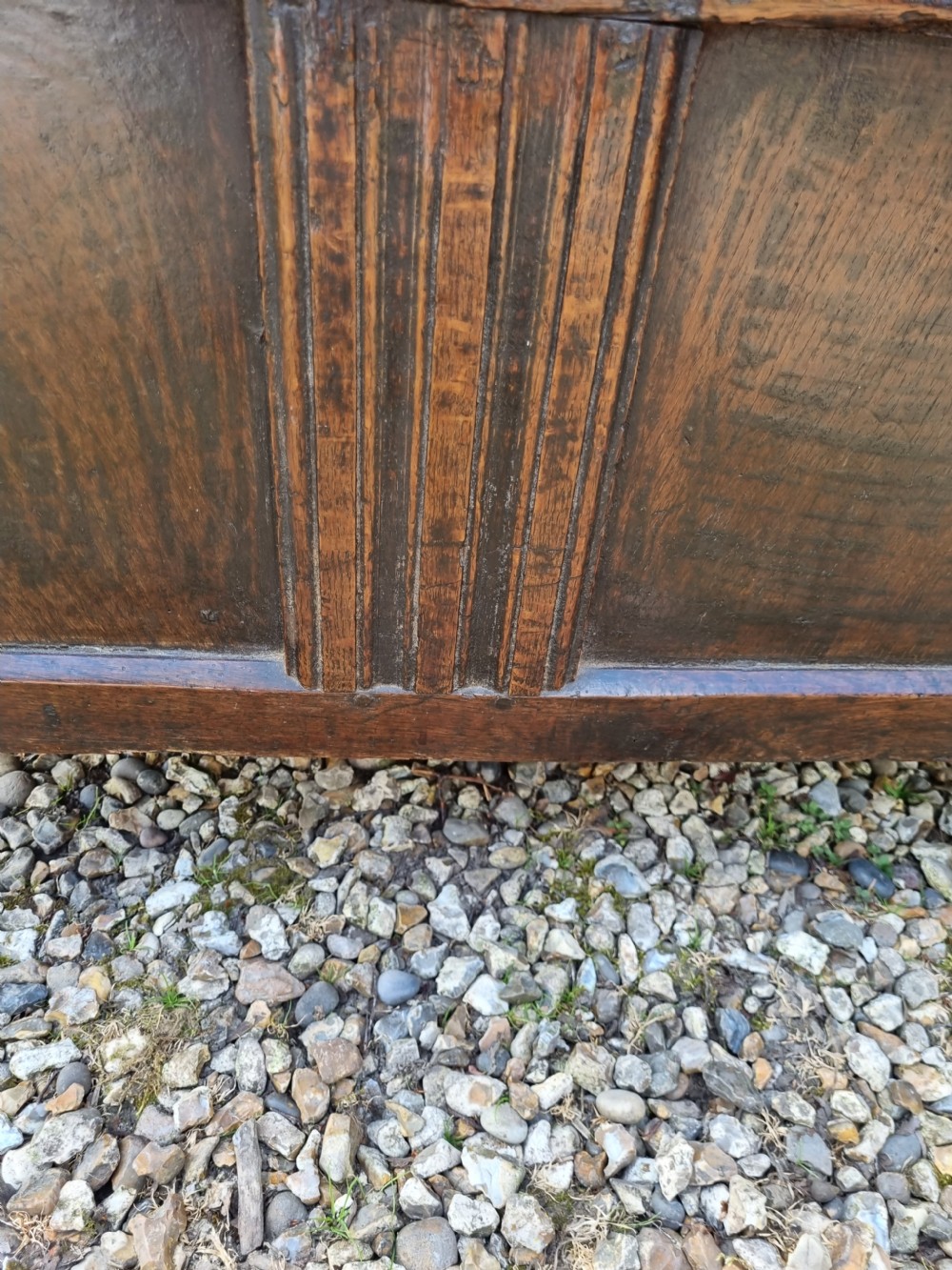 A FINE SMALL MID 17THC OAK 2 PANELLED COFFER View VII