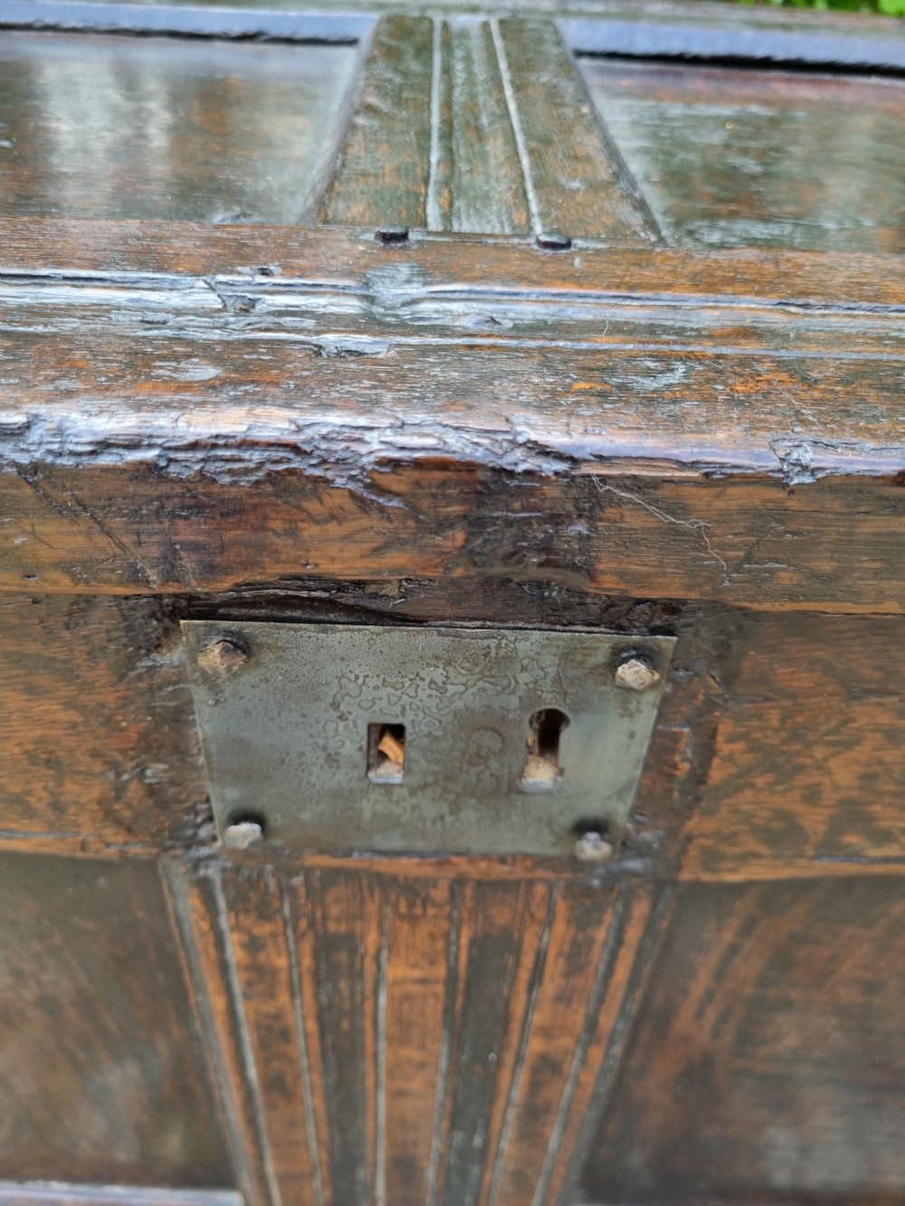 A FINE SMALL MID 17THC OAK 2 PANELLED COFFER View VIII