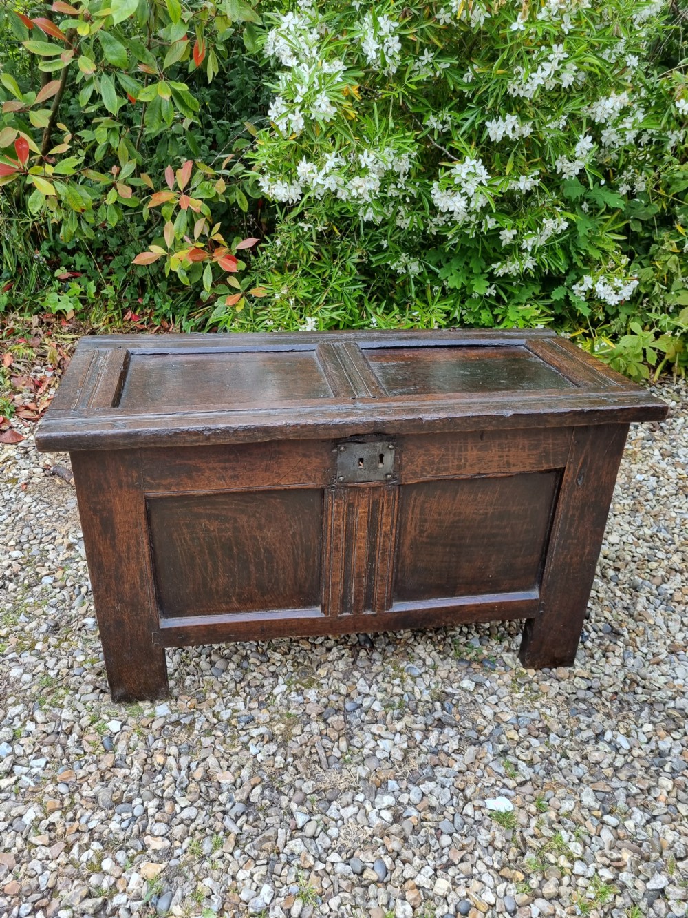 A FINE SMALL MID 17THC OAK 2 PANELLED COFFER View IX