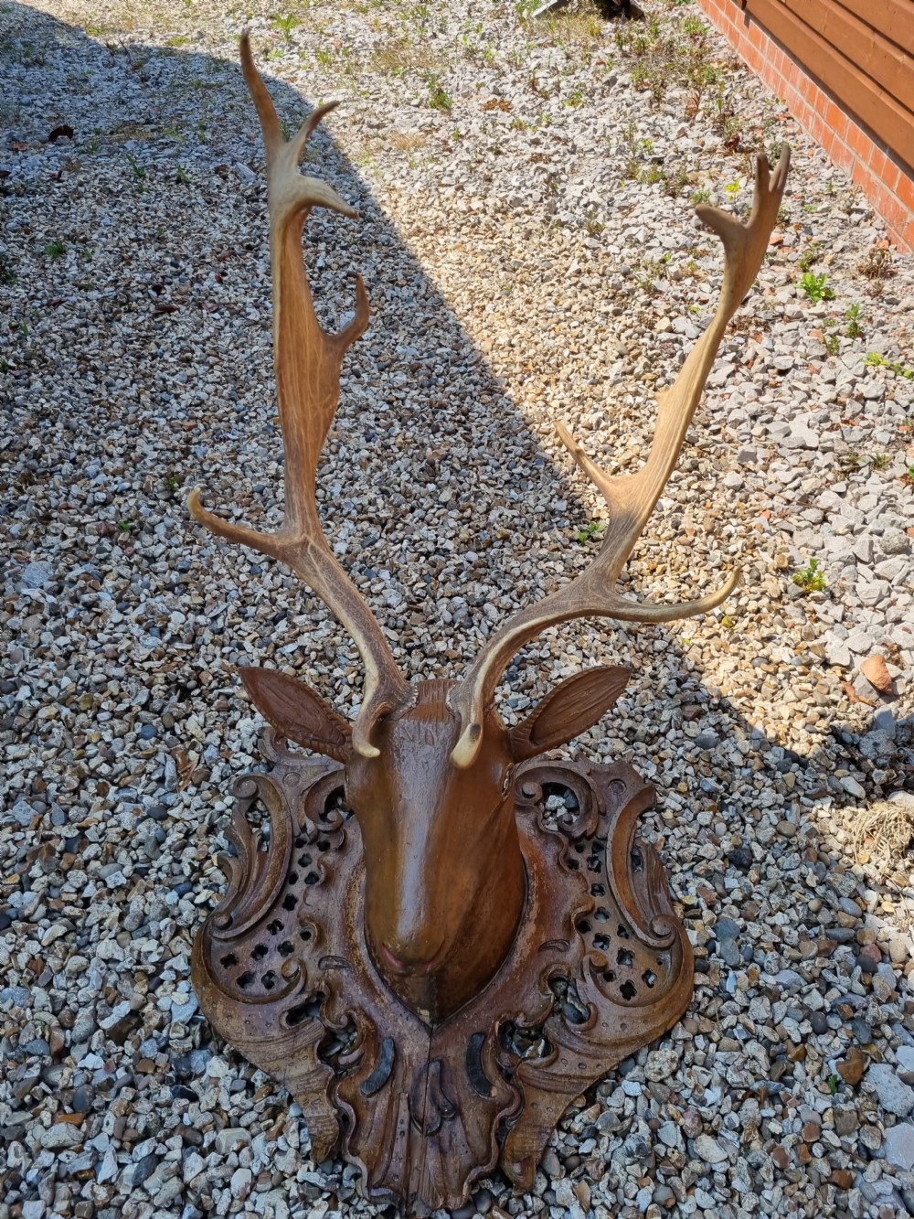 FABULOUS CARVED WOOD STAGS HEAD WITH ANTLERS. View VI