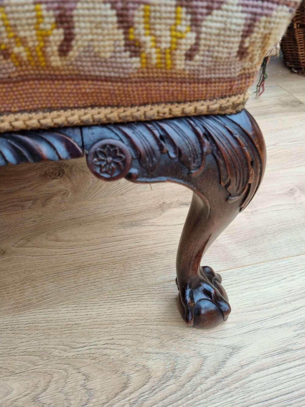 QUALITY ANTIQUE 19THC MAHOGANY STOOL WITH ORIGINAL TAPESTRY TOP View II