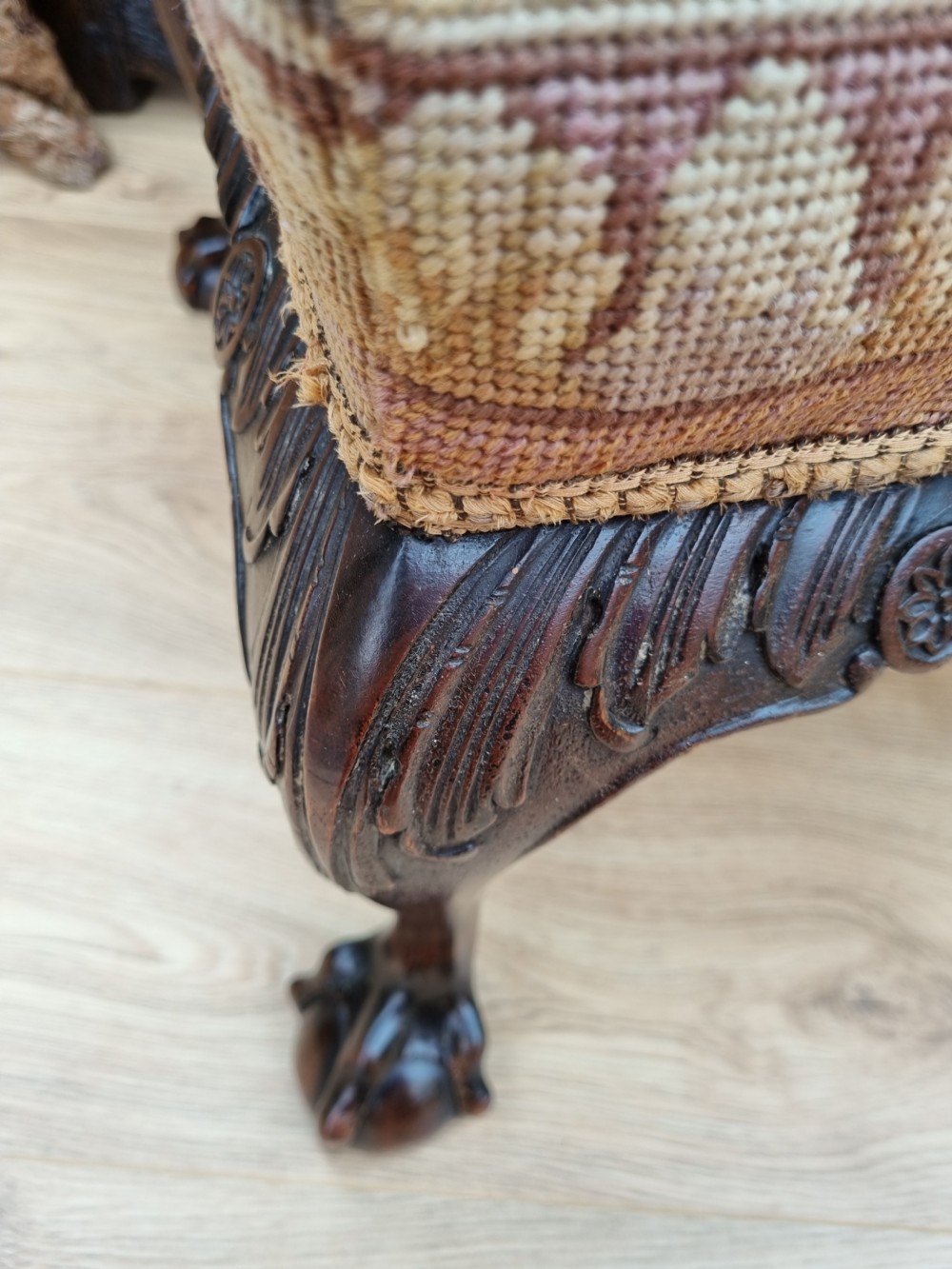 QUALITY ANTIQUE 19THC MAHOGANY STOOL WITH ORIGINAL TAPESTRY TOP View III