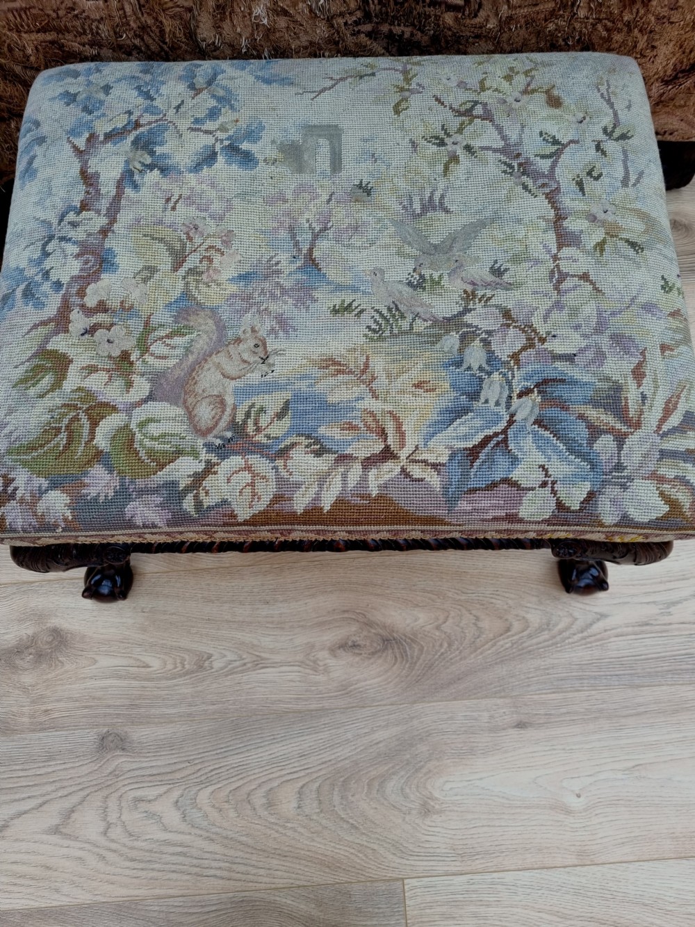 QUALITY ANTIQUE 19THC MAHOGANY STOOL WITH ORIGINAL TAPESTRY TOP View V