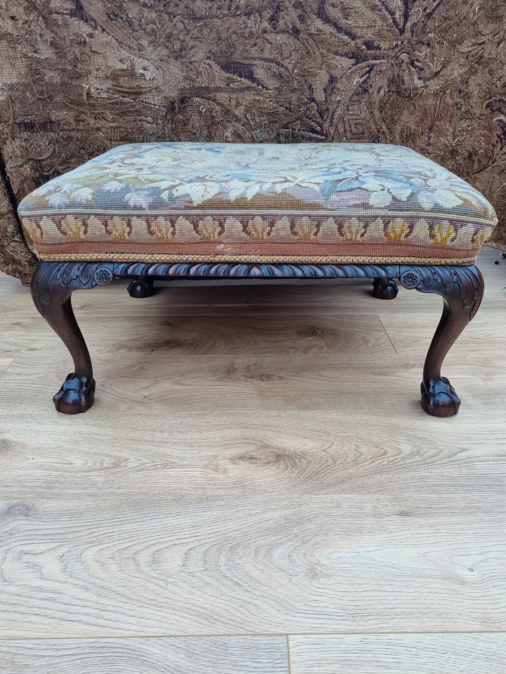 QUALITY ANTIQUE 19THC MAHOGANY STOOL WITH ORIGINAL TAPESTRY TOP View VII
