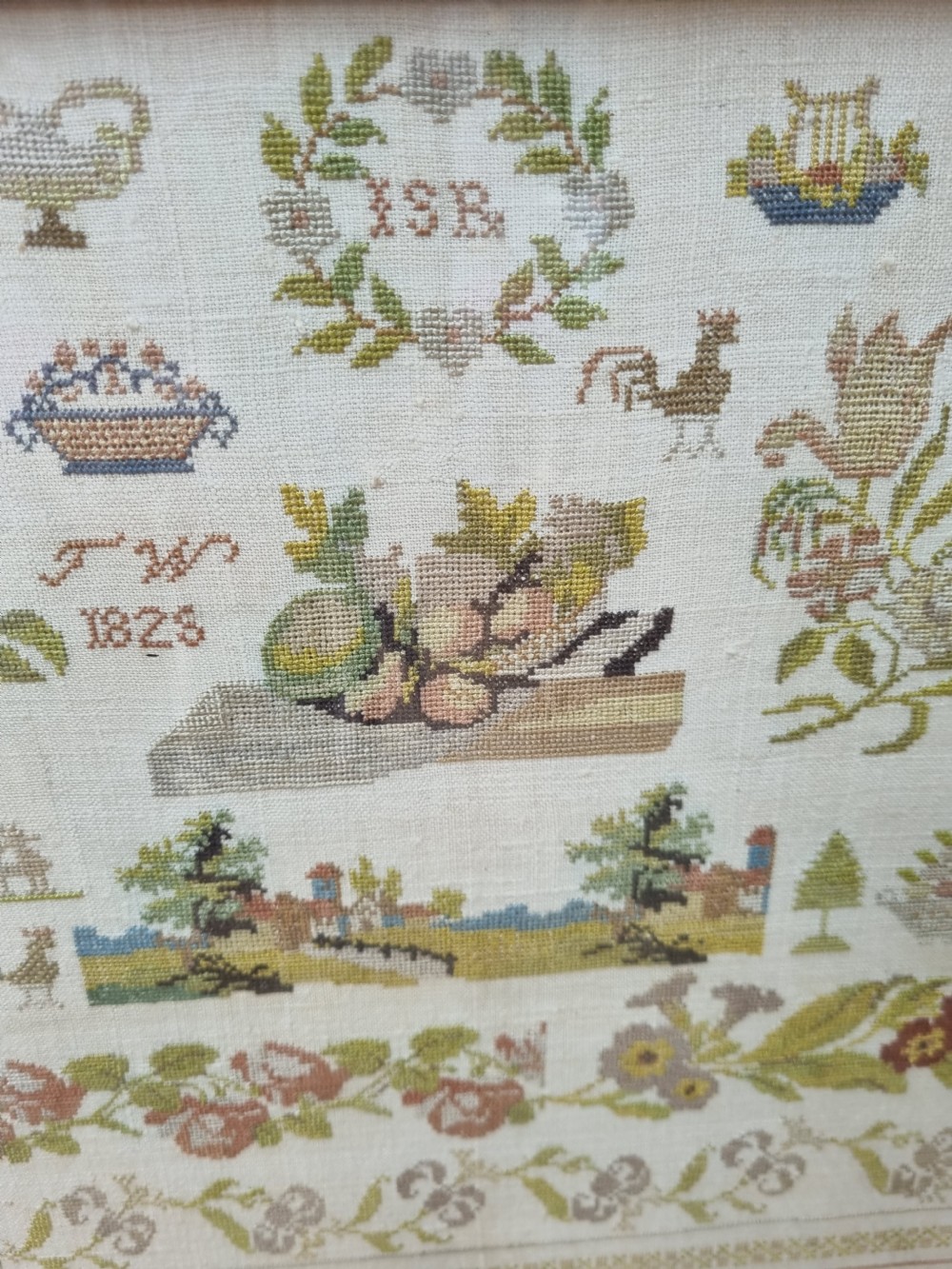 EARLY 19THC NEEDLEWORK SAMPLER IN OAK FRAME DATED 1825 INTIALLED JW View III
