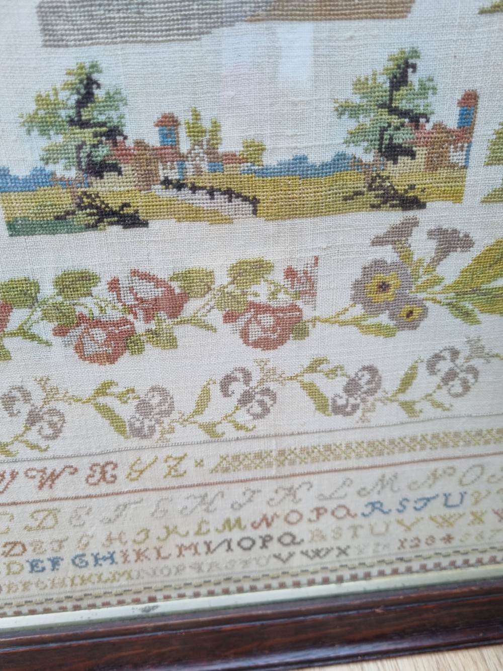 EARLY 19THC NEEDLEWORK SAMPLER IN OAK FRAME DATED 1825 INTIALLED JW View V