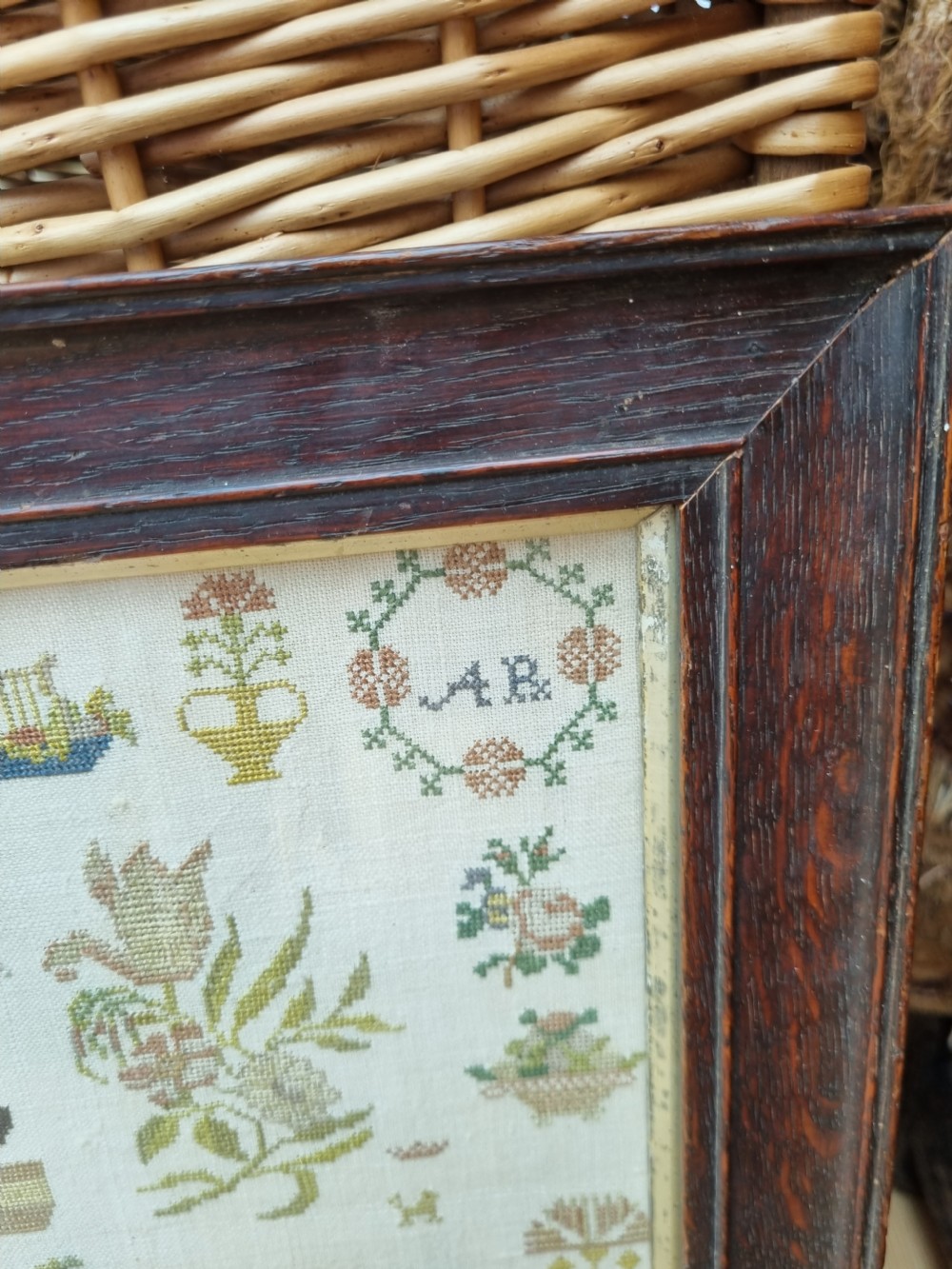 EARLY 19THC NEEDLEWORK SAMPLER IN OAK FRAME DATED 1825 INTIALLED JW View VII
