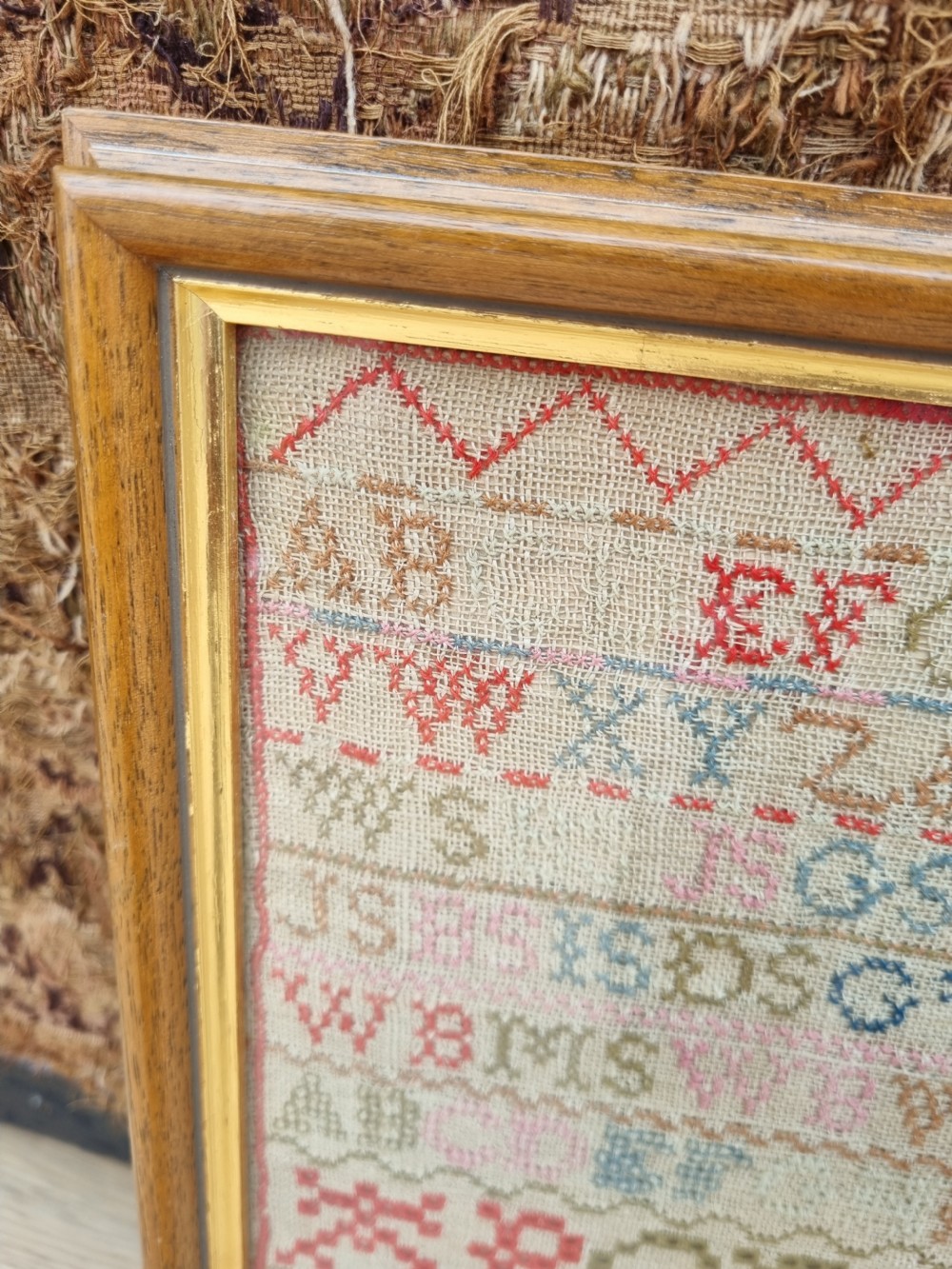 DATED 1827 WOOL SAMPLER ON.LINEN IN MAPLE FRAME BY MARY SCOTT View III