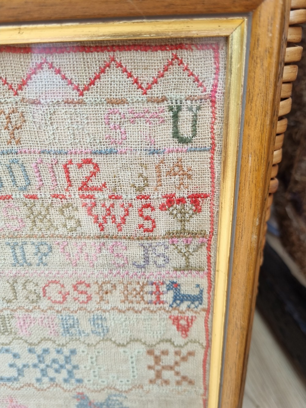 DATED 1827 WOOL SAMPLER ON.LINEN IN MAPLE FRAME BY MARY SCOTT View IV