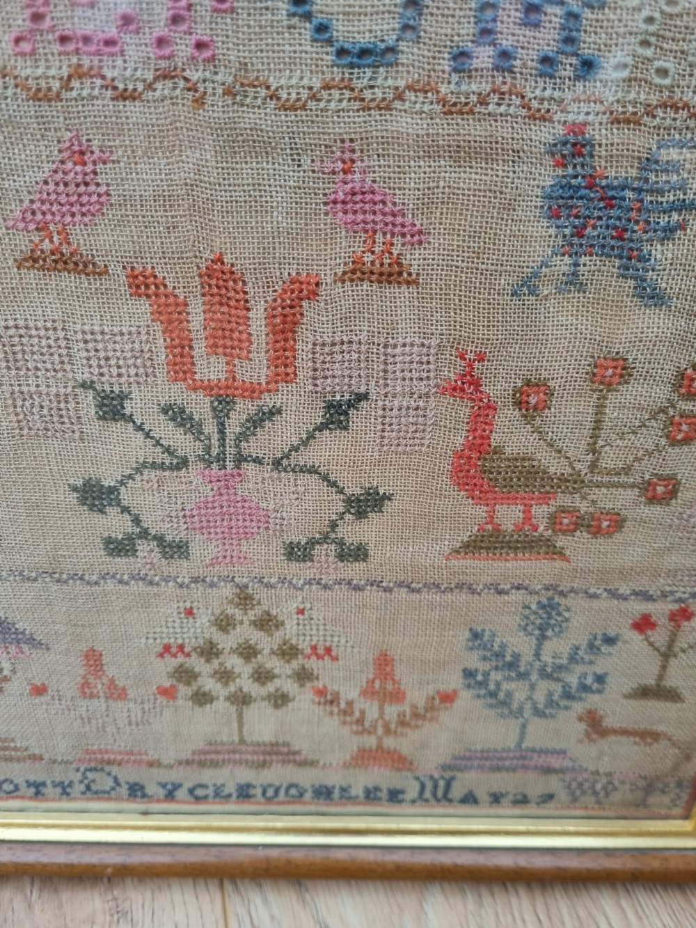 DATED 1827 WOOL SAMPLER ON.LINEN IN MAPLE FRAME BY MARY SCOTT View V