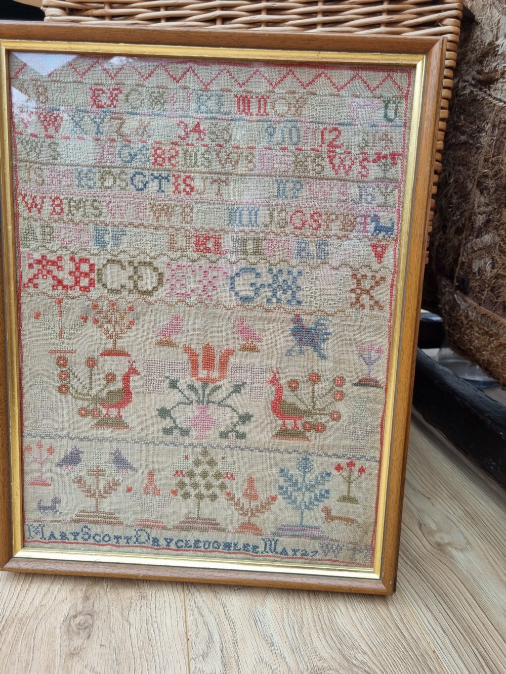 DATED 1827 WOOL SAMPLER ON.LINEN IN MAPLE FRAME BY MARY SCOTT View VII