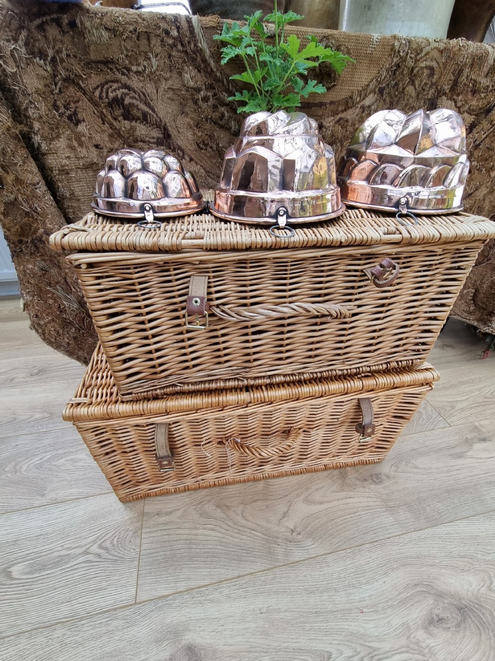 3 ANTIQUE COPPER JELLY MOULDS EX COUNTRY HOUSE