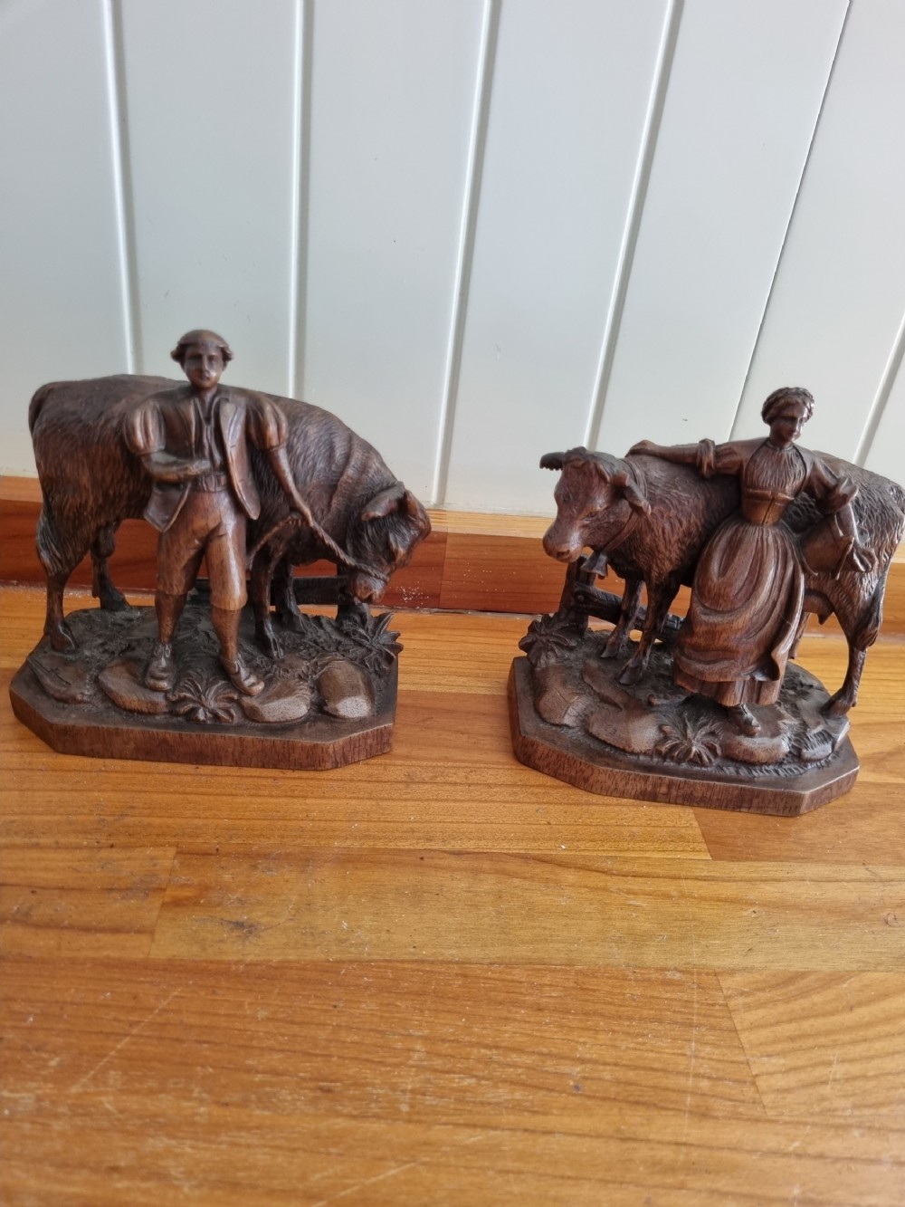 TWO WONDERFUL CARVINGS OF  19THC BLACK FOREST COW AND BULL STAMPED EB.