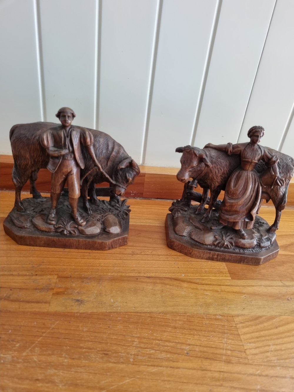 TWO WONDERFUL CARVINGS OF  19THC BLACK FOREST COW AND BULL STAMPED EB. View VIII