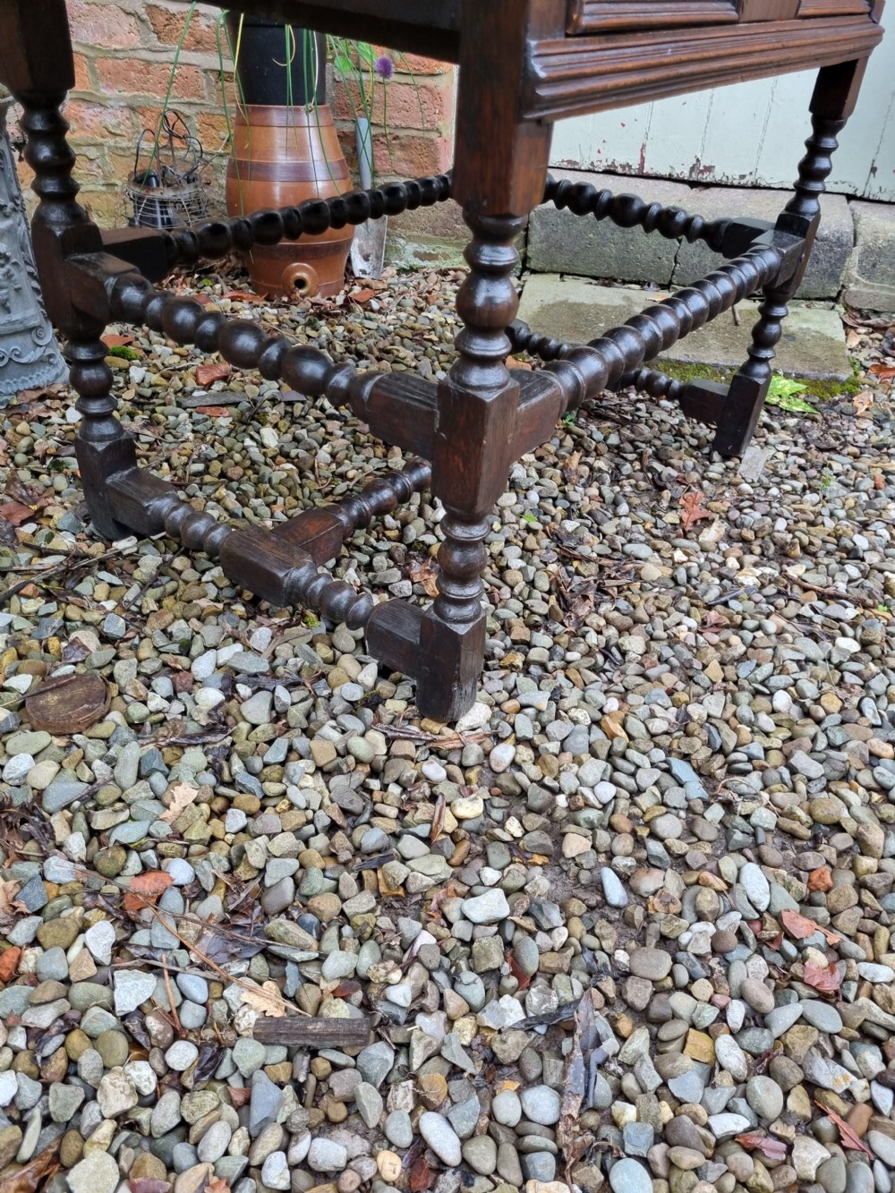 17TH C ORIGINAL OAK BOBBIN TURNED SIDE TABLE  View III