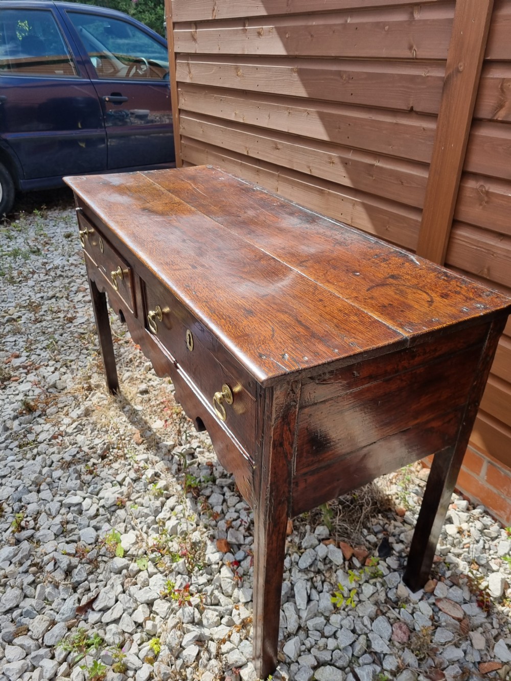 V SMALL 18THC 2 DRAWER OAK DRESSER BASE  View X