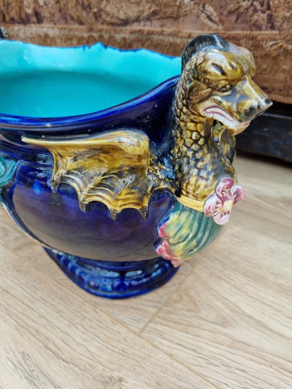 SUPER LARGE 19THC BLUE MAJOLICA PLANTER /JARDINIERE View II