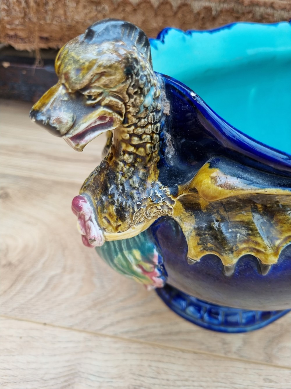 SUPER LARGE 19THC BLUE MAJOLICA PLANTER /JARDINIERE View V