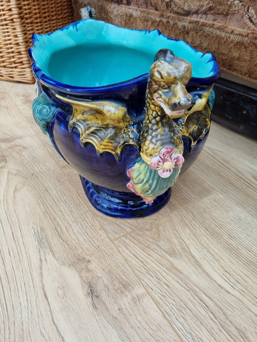 SUPER LARGE 19THC BLUE MAJOLICA PLANTER /JARDINIERE View VIII