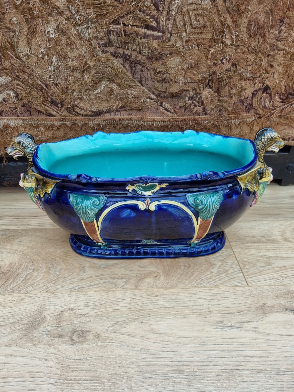 SUPER LARGE 19THC BLUE MAJOLICA PLANTER /JARDINIERE View IX