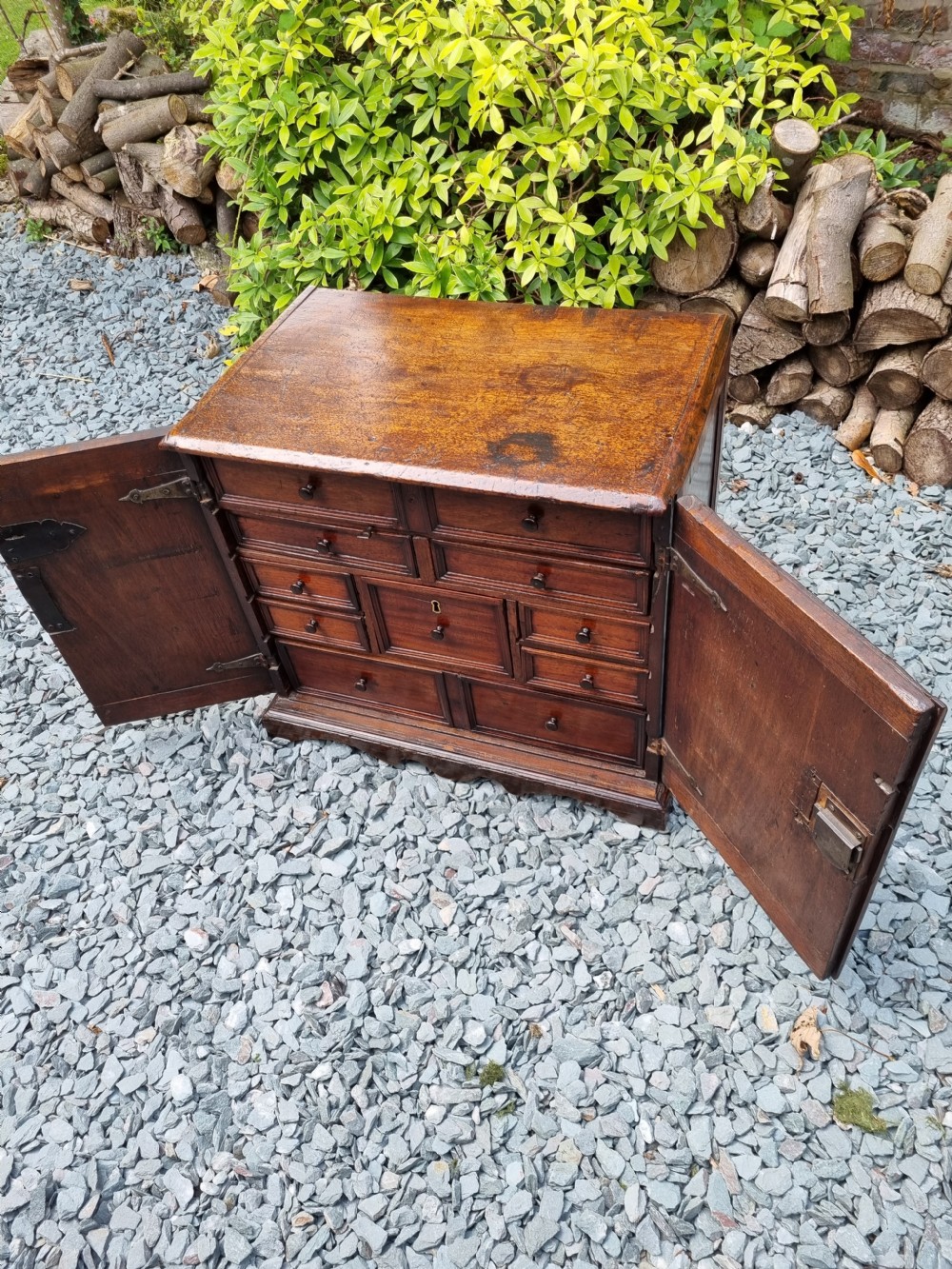 A LATE 17THC ENGLISH OAK WALNUT AND EBONY STANDING SPICE CUPBOARD C1710

 View V