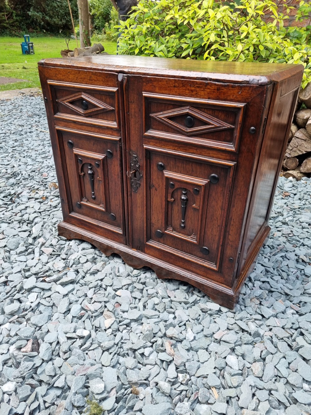A LATE 17THC ENGLISH OAK WALNUT AND EBONY STANDING SPICE CUPBOARD C1710

 View X
