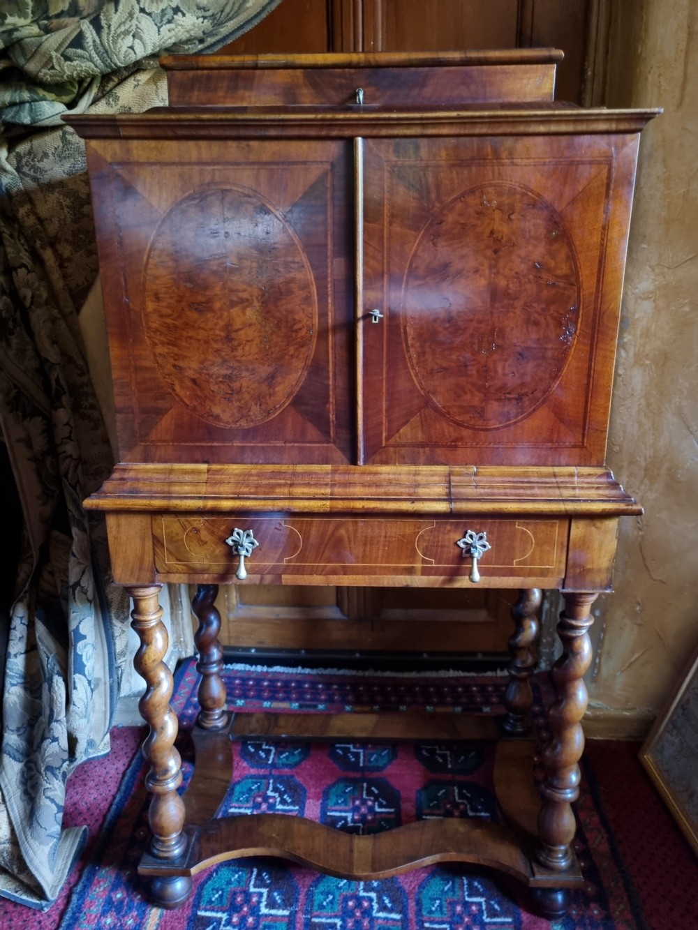 GOOD SMALL 19THC WALNUT FITTED CABINET ON BARLEY SUGAR STAND . View IX