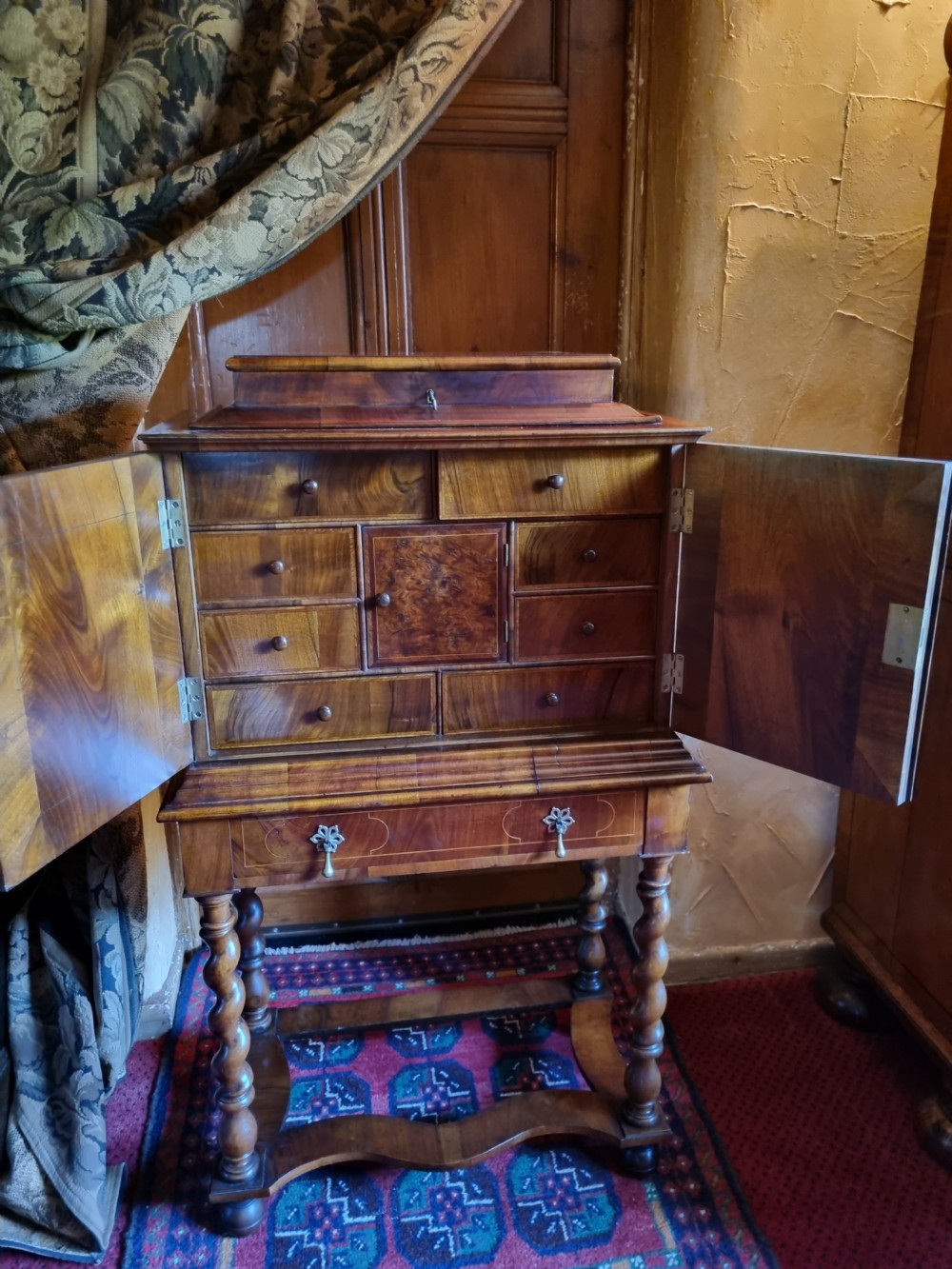 GOOD SMALL 19THC WALNUT FITTED CABINET ON BARLEY SUGAR STAND . View X
