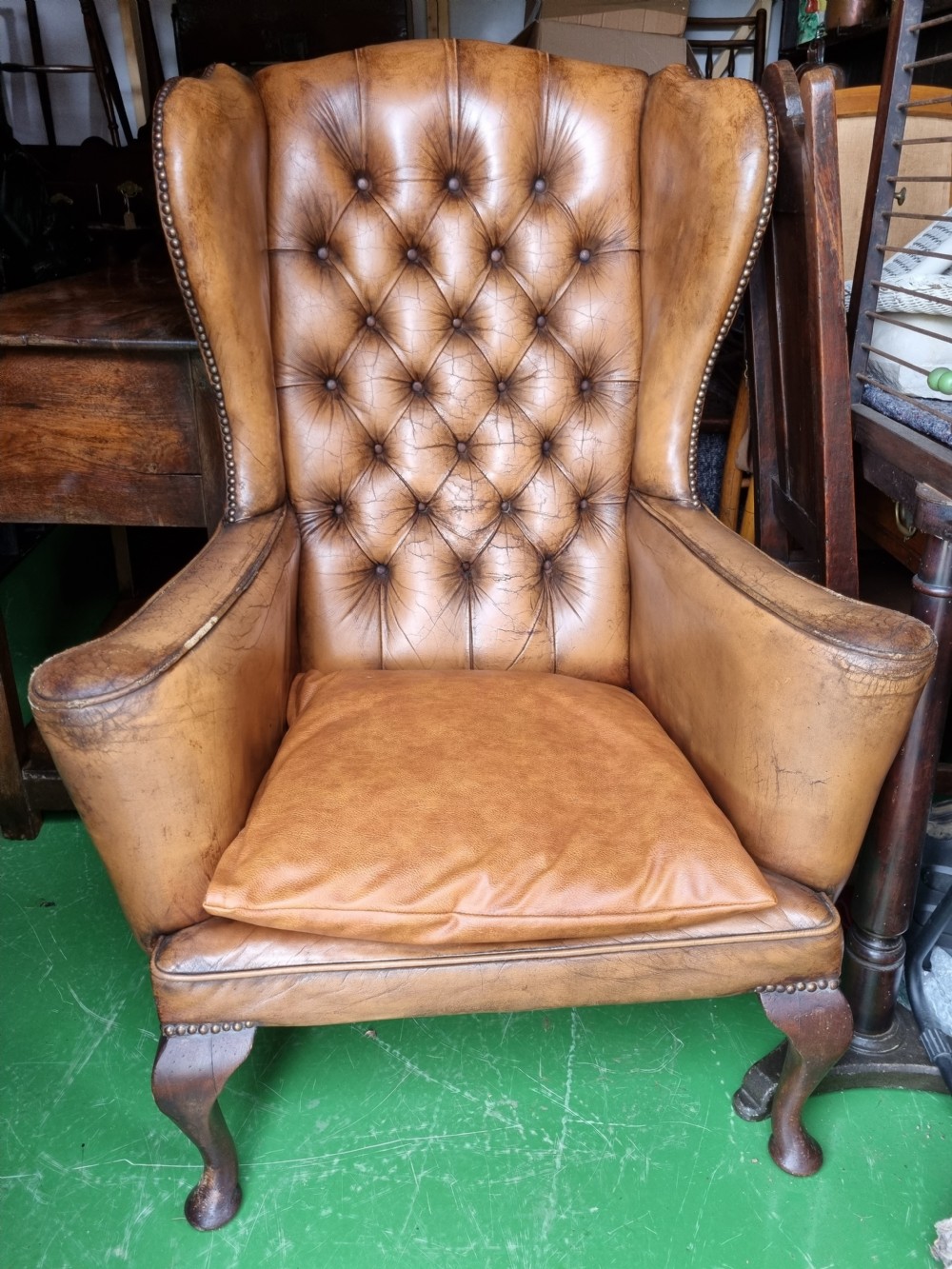 COUNTRY HOUSE LEATHER WING ARMCHAIR ON CABRIOLE LEGS View II