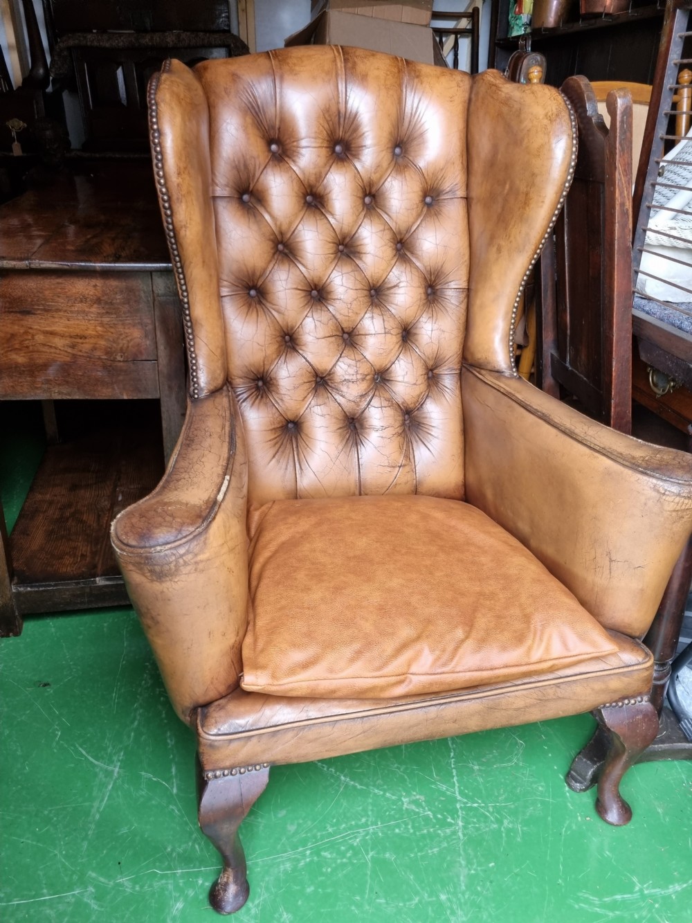 COUNTRY HOUSE LEATHER WING ARMCHAIR ON CABRIOLE LEGS View V