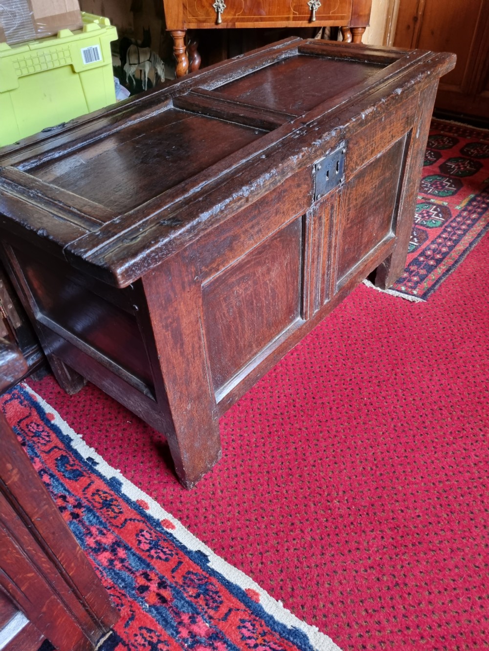 A FINE SMALL MID 17THC OAK 2 PANELLED COFFER View X