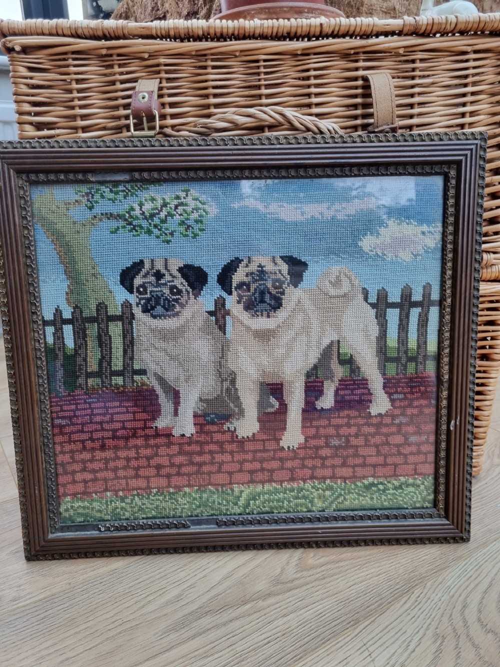 SUPER 19THC WOOLWORK OF A PAIR OF PUGS.