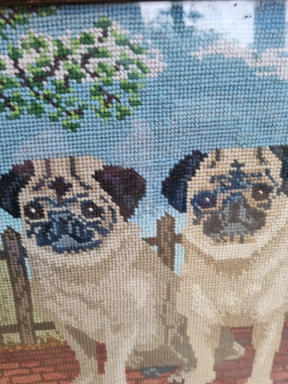 SUPER 19THC WOOLWORK OF A PAIR OF PUGS. View II