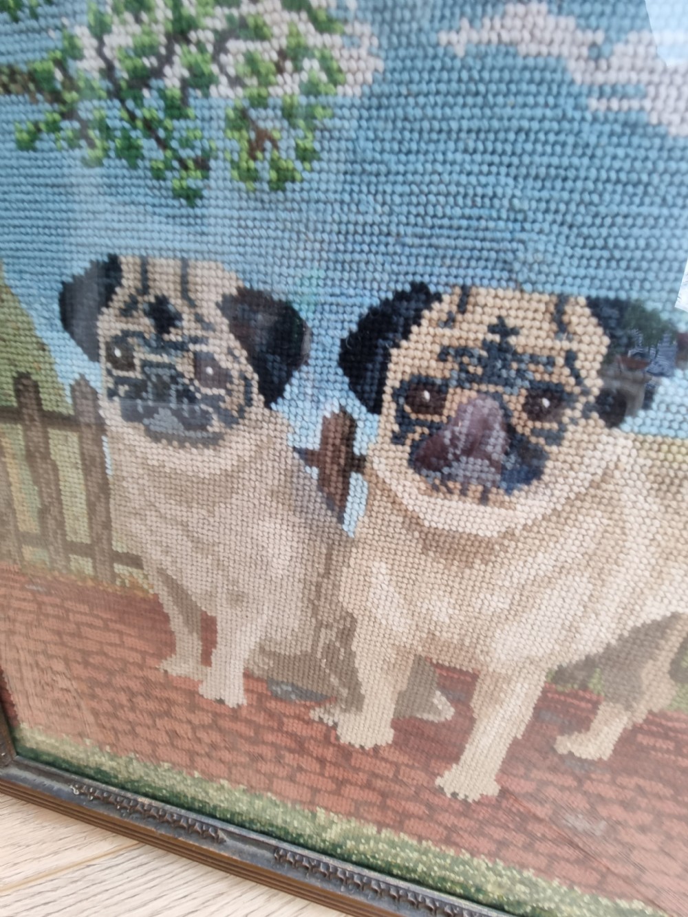 SUPER 19THC WOOLWORK OF A PAIR OF PUGS. View V