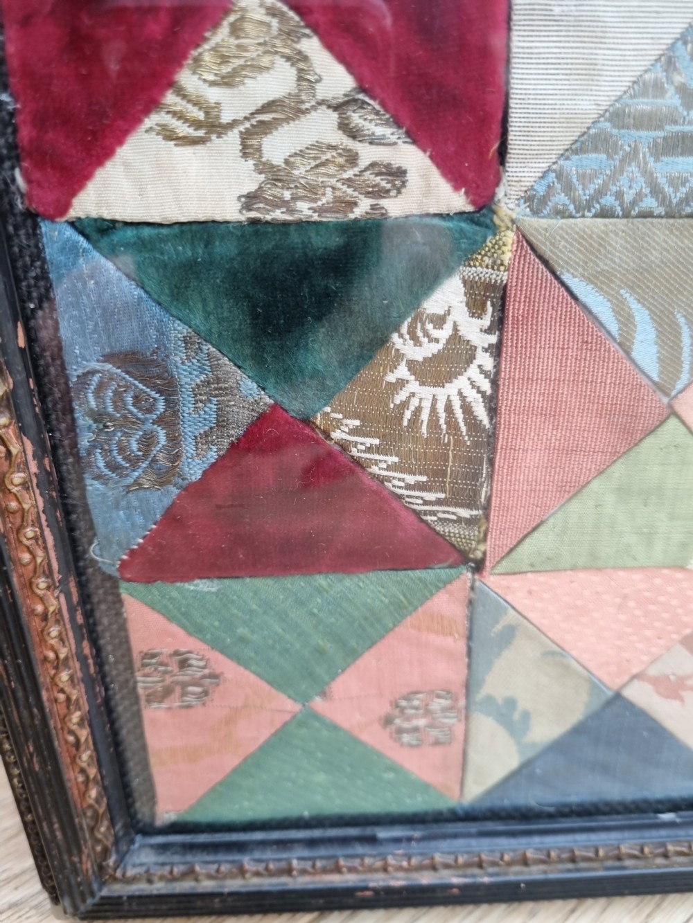 A RARE GEORGIAN FRAME OF SILKWORK MATERIAL SAMPLES C1770 View IV